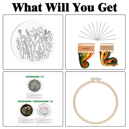 GLTAYLMY 3 Pack Embroidery Starter Kit for Beginners Stamped Cross Stitch Kits with Cute Flowers and Plants Patterns with 1 Embroidery Hoop and Color Threads for Adults - color: FEKOW