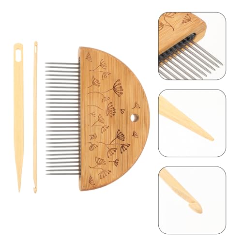 SEWACC Wood Hand Loom Comb Set, Weaving Comb with Needle and Crochet Hook, Wood Knitting Loom Tool for DIY Tapestry Knitted Crafts