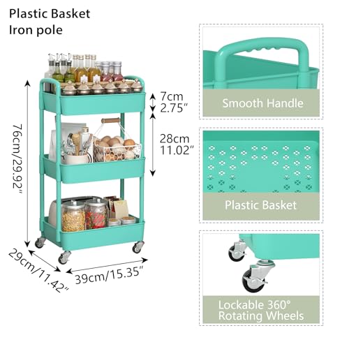 Sywhitta 3-Tier Plastic Rolling Utility Cart with Wheels for Storage, Green - color: Green, size: 3-tier