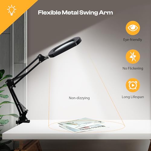 Caydo 10X Magnifying Glass with Light and Stand for Embroidery, Reading, Sewing and Painting Close Work, 5 Color Hands-Free Magnifying Desk Lamp