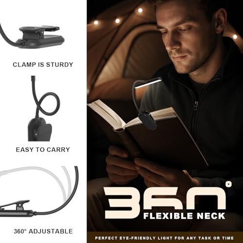 Rechargeable Book Light for Reading in Bed 25 LED Eye Caring | 15 Level Stepless Dimming, Extended 90Hrs Runtime, Lightweight Clip on Light, Gifts for Book Lovers, Black - color: M1-Clip Light-Black