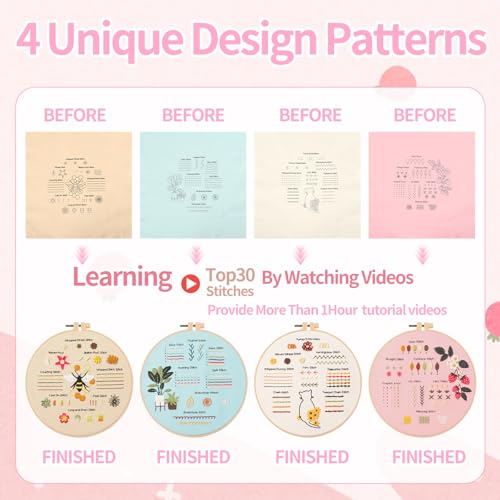 Jyphorixal Embroidery Kit for Beginners Adults Cross Stitch Starter Kit Needle Point Supplies 30 Basic Stitches in 4 Set, DIY Craft Lover Starter Hand Stitch - color: Cat