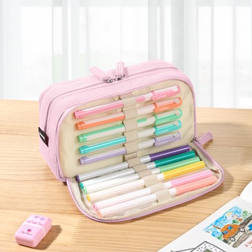 Sooez Big Capacity Pencil Case Pen Pouch, Soft Corduroy Pencil Bag - color: Pink