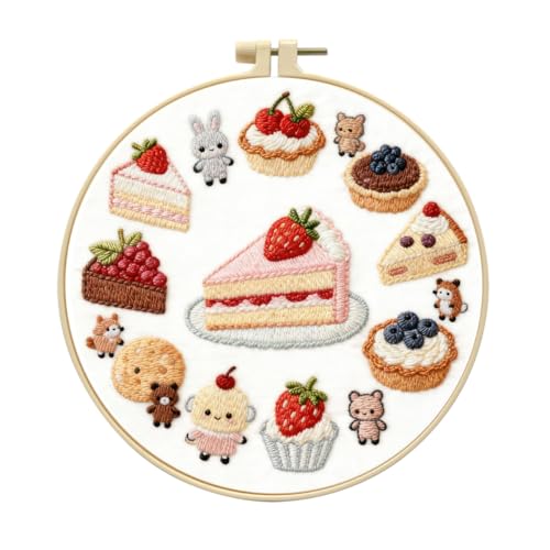 Zhenqing Strawberry Cake Embroidery Kit for Beginners, Pre-Printed 29x29cm Fabric with 20cm Hoop & Threads, Cute Dessert and Animal Design for Home Decor(C0176)