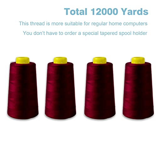 Burgundy Serger Thread All-Purpose Thread for Sewing, Polyester, 4 Cones of 3000 Yards Each Spool for Sewing Machine - color: 4 Burgundy
