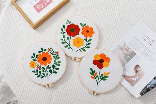 Punch Needle Embroidery Kit for Beginners – Complete Set with Patterned Fabric, Hoops, Yarns & Tools – DIY Rug-Punch Craft Kit for Adults (1 Style)