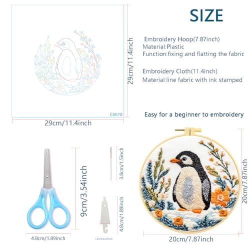 Zhenqing Penguin Embroidery Kit for Beginners, Cute Penguin Needlework Craft with Pre-Printed Cotton Fabric, Hoop, Threads & Tools, Animal Decor (C0070) - color: Penguin in Bloom