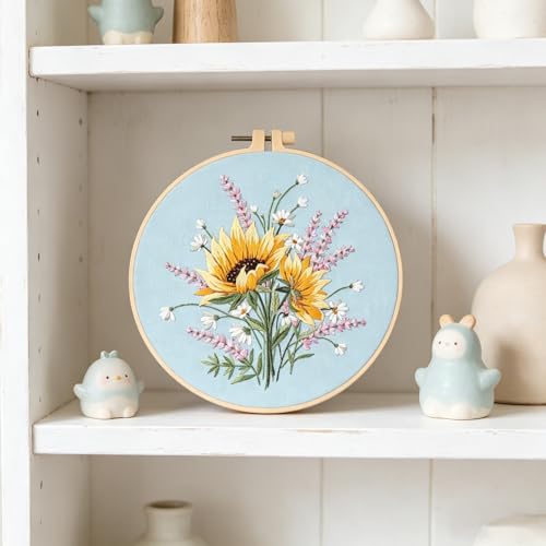 Silentsea Embroidery Kit – Sunny Sunflowers with Delicate Purple and White Floral Accents, Perfect for Beginners and Craft Lovers - color: Sunflower