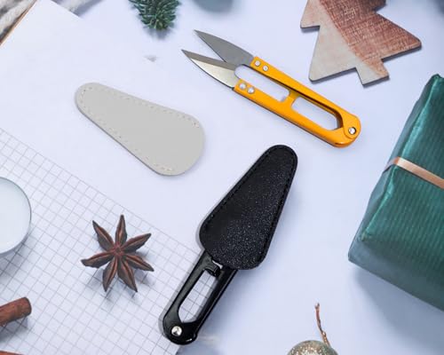 2Pcs Multicolor Mini Sewing Scissors Clipper 2Pcs Leather Scissors Sheath Cover Small Embroidery Thread Thrum Yarn Trimming Nipper U-Shaded Craft Cross Stitch Scissor (Black/Yellow) - color: Black/Yellow