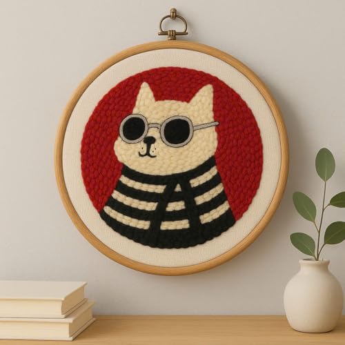 CELCRAFTIQUE Punch Needle Kits for Adults Beginner, Tool with Punch Needle Fabric, Hoops, Yarns and Sewing Needles (Style 4) - color: Retro Cat