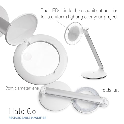 Daylight Company Halo Go Magnifier Lamp, Rechargeable USB, Portable, Lightweight, Desk Lamp Reading, Hobbies, Sewing, Crafts, Nail Salon, Handcrafts and More, Colour Temperature: 6,000 K, White - style: Modern