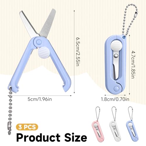 3 Pcs Keychain Scissors Mini Folding Scissors Portable Travel Pocket Scissor for Badge Reel, Scrapbook, Crafts, Pink, White, Blue