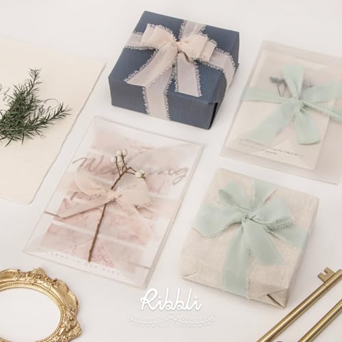 Ribbli Creamy Sage Ribbon 1 Inch x 3 Rolls Total 24 Yards Light Green Handmade Fringe Chiffon Silk Ribbon for Wrapping Wedding Invitations Bridal Bouquets DIY Crafts Home Decor - color: Creamy Sage