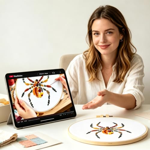Fall Spider Embroidery Kits for Beginners Adults, Autumn Halloween Embroidery Starters Kits, Stamped Cross Stitch Kits Needlepoint Kits for Beginners Adults, Embroidery Hoop, Thread and Video Tutorial - color: H2128