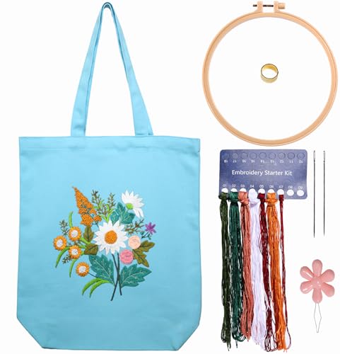 Canvas Tote Bag Embroidery Kit with Pattern for Beginners, Arts and DIY Embroidery Crafts Kits for Adults, Instructions, thimble, Embroidery Hoops, Color Threads (lightblue, CR002 chenhuicaoxin) - color: CR002 chenhuicaoxin lightblue