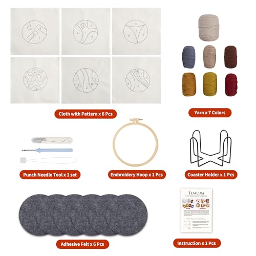 Temlum 6pcs Punch Needle Coasters Kit for Adults and Beginners(Lines) - color: Lines