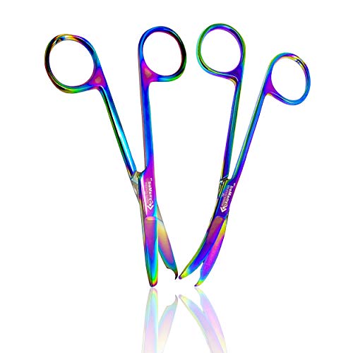 Cynamed Suture Stitch Scissors with Multicolor/Rainbow Titanium Coating - Premium Quality Instrument- Delicate Hook - Perfect for Suture Removal, First Aid, EMS Training and More (4.5 in. - Curved) - style: Curved Hook