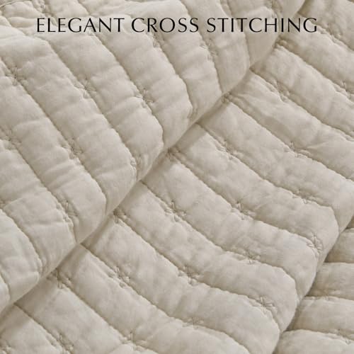 EVERGRACE 100% Cotton Cross Stitch 3-Piece Quilt Set, Queen, Flax Beige - color: Flax Beige, size: Full/Queen (92" X 96")