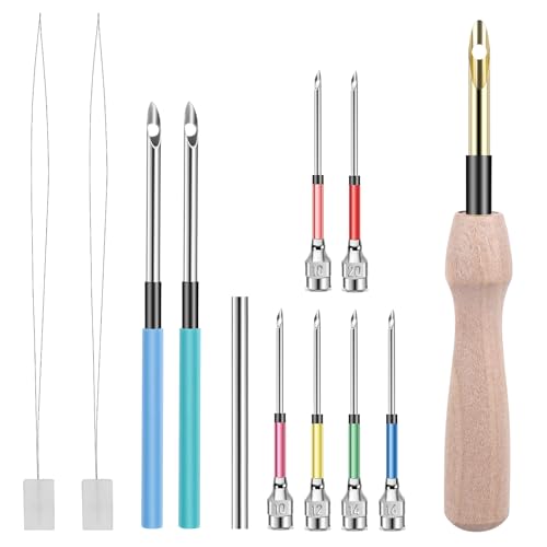 12 Pcs Punch Needle Kit, Embroidery Punch Needle Tool Wooden Handle Embroidery Tool Punch Needle Threader Set for Adults Beginner Yarn Floss Cross Stitching