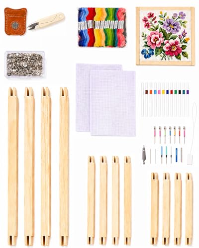 HAPPYER Needlepoint Stretcher Bars Kit, 12PCS Wooden Canvas Stretcher Bars Frame Set with Embroidery Kit, Cross Stitch Supplies, Fabric, Threads, Punch Needle Tools & Accessories for Needlework Craft - color: Light Wood Color