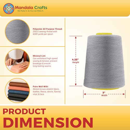 Mandala Crafts 20S/2 Gray Polyester 4 Pack of Serger Threads Cones - color: Gray, size: Pack of 4 20S/2 24000 YDs