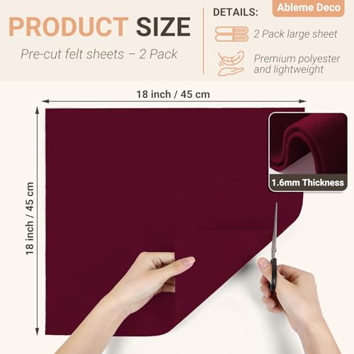 Burgundy Felt Fabric Sheets 18" x 18" (2 Pack) 1.6mm Soft Craft Felt - color: Burgundy
