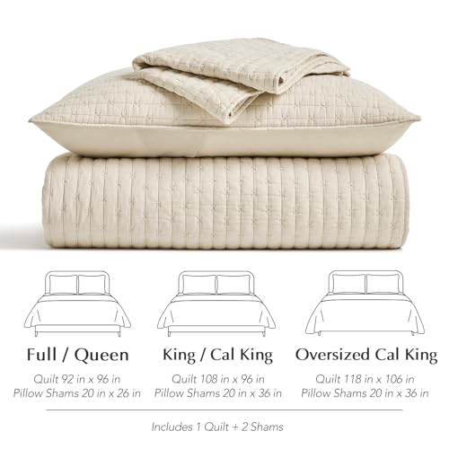 EverGrace 100% Cotton Cross Stitch 3-Piece Quilt Set, 118"x106", Flax Beige - color: Flax Beige, size: OVERSIZED CAL KING (118" x 106")