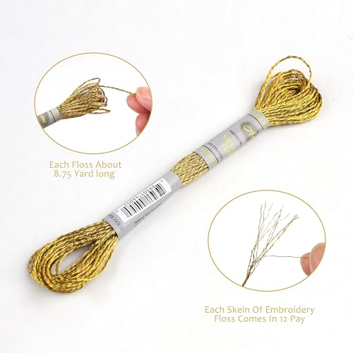 24 Skeins Set (6 Colors*4 Skeins) Metallic Embroidery Floss Glittery Metal Effect Shinny Cross Stitch Thread for Hand Embroidery, Sewing and DIY Handmade Artwork (Metallic Color) - color: metallic color