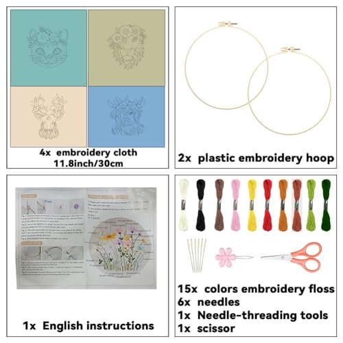 ORIGACH 4 Pack Animals Embroidery Kits for Beginners, DIY Starter Hand Embroidery Kit with Cat Lion Deer Cow Patterns and Instructions for Adults Women Crafting - color: Animals