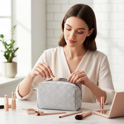 Sanwuta 3 Pcs Seersucker Makeup Bags, Gray - color: Gray
