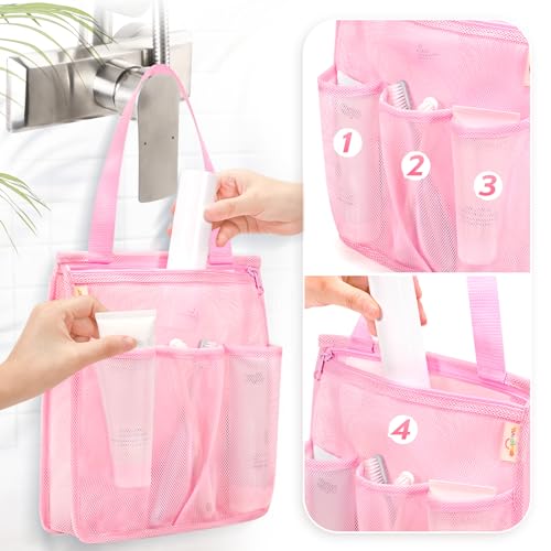 famichan Mesh Shower Caddy Portable, Gym Travel Camp Dorm Room Essentials for Women and College Girl, Pink Bathroom Shower Bag - color: Pink