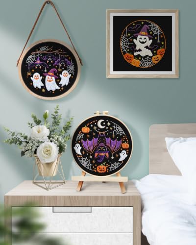 TINDTOP Halloween Embroidery Kit for Adult, 3 Pack Embroidery DIY Starter Kit, with Stamped Patterns, Hoop, Tools, Colorful Threads with Needles, Instructions - color: Halloween A
