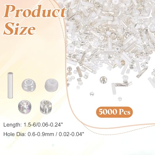 MECCANIXITY 5000 Pcs Mixed Glass Seed Beads, 1.5-6mm Mini Loose Glass Bugle Spacer Bead Embroidery Beads for DIY Craft Projects Earrings Necklaces Bracelets Jewelry Making, Silver-White - color: Silver-White