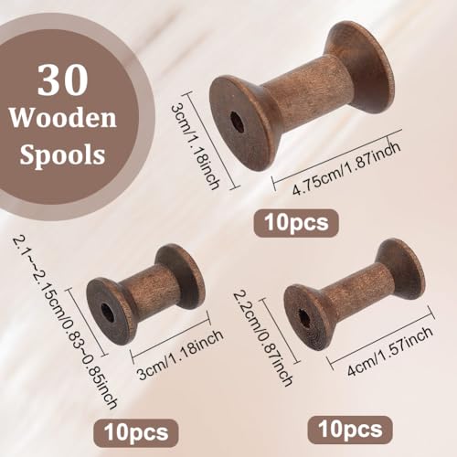 BENECREAT 30Pcs 3 Sizes Antique Wooden Empty Spools, Empty Thread Spools Wooden Ribbon Spools Bobbins for Wire Weaving Arts DIY Wood Projects, 10pcs/Size - color: 3 Colors