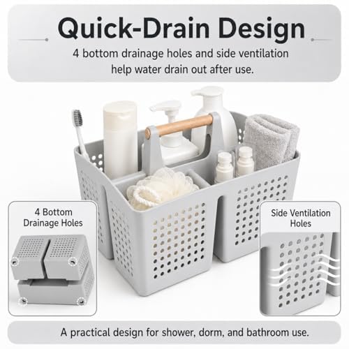 Portable Shower Caddy Basket with 3 Compartments and Handle, Light Gray - color: Light Gray
