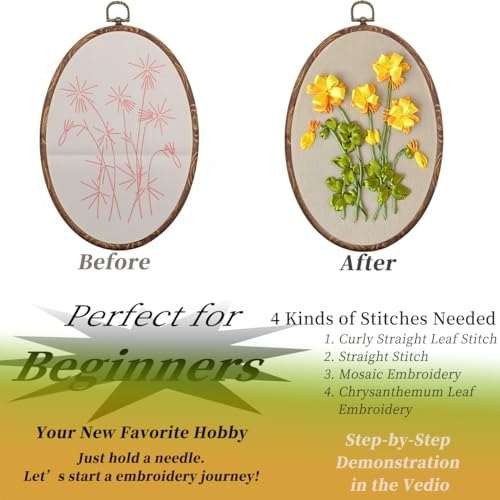 FONNUY Ribbon Embroidery 3D Flowers Pattern Design Kit Embroidery DIY Handwork Set Oval Home Decoration (Yellow Begonia) - style: Yellow Begonia