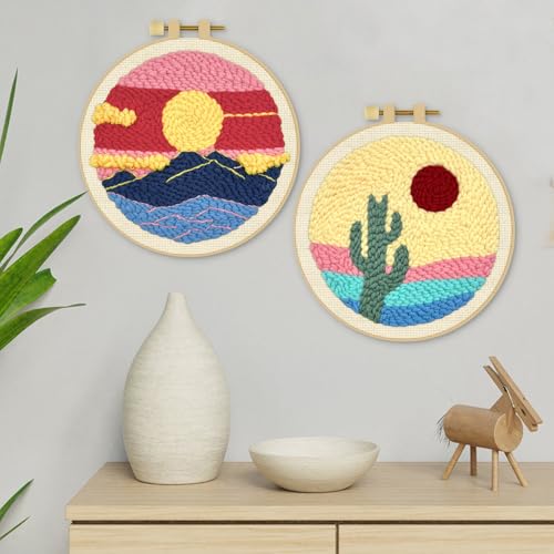 ERKOON Punch Needle Kit Adults Beginners, 2 Pcs DIY Easy Landscape Embroidery Set for Starter Art Craft, Needling Punching Project with Patterns, Tools, Yarns, Hoop, Instruction (Desert & Afterglow) - color: Desert & Afterglow