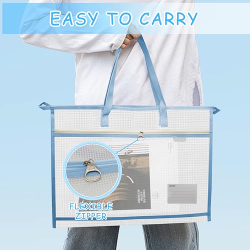 TUSAUW 6 Pcs A3 Project Bags for Quilting Craft Project Bag Clear Mesh Sewing Project Bag with Zipper Handles&Pockets for Artworks Charts and Teaching Material - color: light blue, light pink, light purple, light green, black, and dark blue