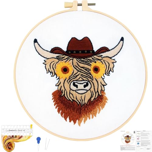 Highland Cow Embroidery Kits for Beginners Adults, Animal Hand Embroidery Starters Kits, Stamped Cross Stitch Kits DIY Needlepoint Kits for Beginners Adults, Embroidery Hoop, Thread and Video Tutorial - color: H2080, size: 8Inch