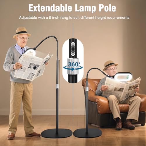 Large Magnifying Glass with Light and Stand, 15X Rectangle Optical Real Glass Lens, Height Adjustable Gooseneck Magnifier Floor Lamp, 5 Color Modes LED Dimmable Lighted Hands Free for Close Work Craft - color: Black