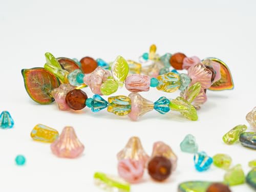 1.4oz (40g) Limited Mix of Czech Glass Beads, Hand Made Set Kit, Apple Leaf Beads Bell Flower Blue Beads and Pink Tulip Beads - color: LMIX pink blue beige