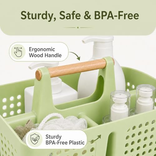 Portable Shower Caddy Basket with 3 Compartments and Handle, Grass Green - color: Grass Green