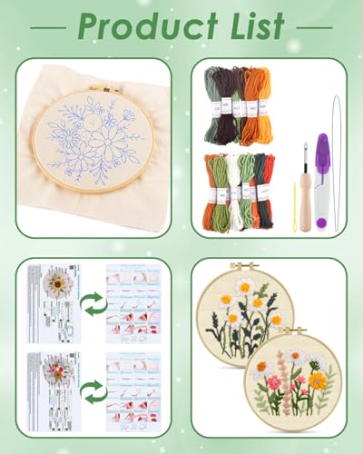 ERKOON Punch Needle Kit Adults Beginners, 2 Pcs DIY Easy Flower Embroidery Set for Starter Art Craft, Needling Punching Project with Patterns, Tools, Yarns, Hoop, Instruction (Colorful Flowers) - color: Colorful Flowers