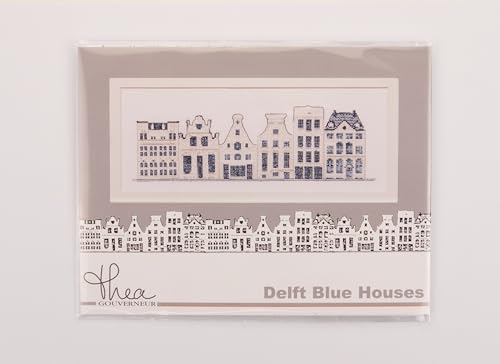 Thea Gouverneur - Counted Cross Stitch Kit - Delft Blue Houses - Aida - 18 Count - Embroidery Kit for Adults - DMC Embroidery Threads and Other Cross Stitch Supplies Included - 552A - color: Delft Blue Houses, size: 10.6 x 4.3 inches