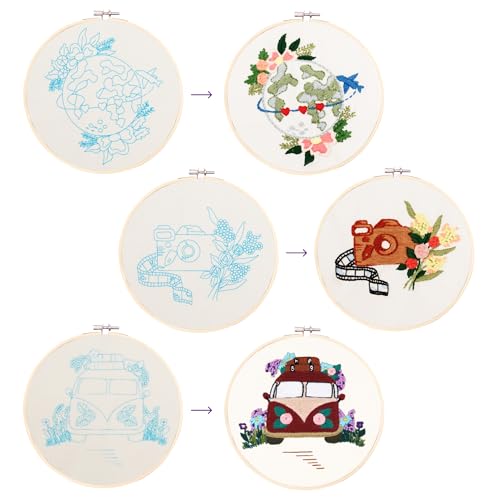 Looples Embroidery Kit for Beginners and Adults with Video Tutorials - Complete Embroidery Starter Kit with 3 Stamped Floral Patterns, Hoops, Threads, Needles, and Instructions (Car, Globe and Camera) - color: Car, Globe and Camera