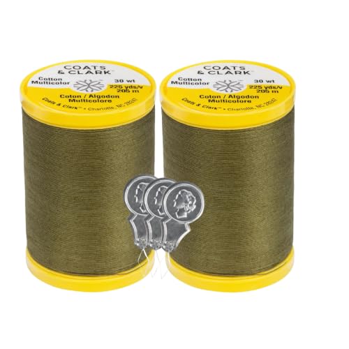 Coats & Clark Cotton All Purpose Sewing Thread 100% Mercerized Cotton 225 Yards Each Spool S970 2 Pack Bundle with 3 Bella's Crafts Needle Threaders (Bronze Green) - color: Bronze Green