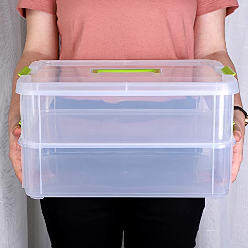 JUXYES 2-Tiers Plastic Stack Carry Storage Containers Box wih Handle Lids - color: Green