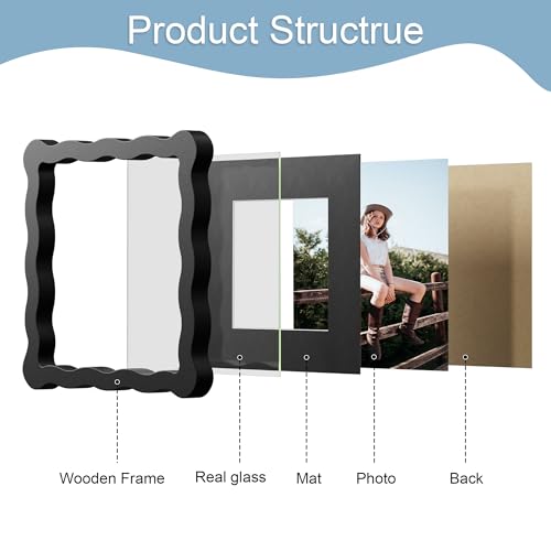 6x6 Picture Frame with Mat for 4x4, Wavy Edge Wooden Real Glass Photo Frame for Tabletop and Wall Hanging, Black, 1 Pack - color: Black, size: 6x6 in