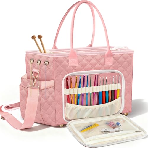 Crochet Bag Yarn Storage, Large Knitting Tote with Padded Crochet Hook Organizer, Tote with Multiple Compartments for Crochet Lovers, Knitting Accessories - color: Pink