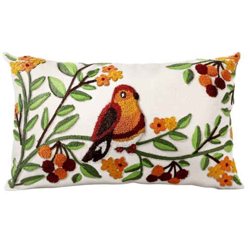 Embroidered Throw Pillow Cover, 20x12 Inch, Bird Branch - color: Tree Bird, size: 20" x 12" (Pack of 1)